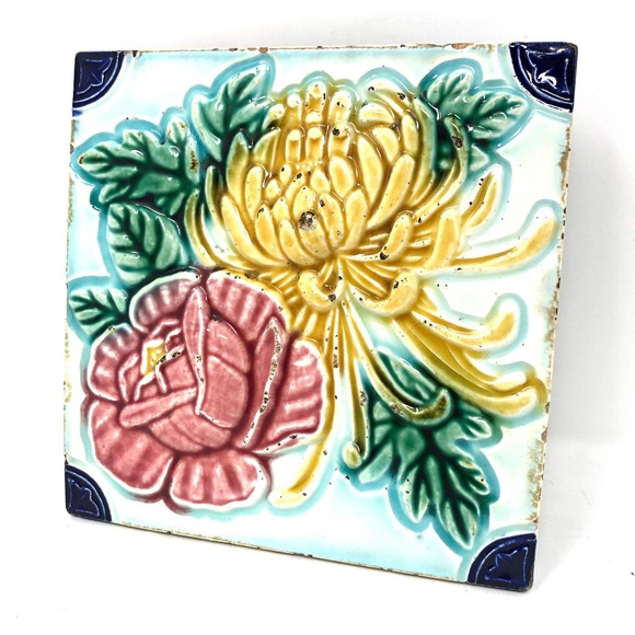 Italian Stoneware Floral Wall Tile, Handpainted Flower Tile, Ceramic Tile Art - Picture 2 of 5